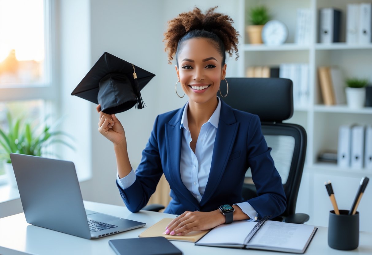 A young woman smiling and holding a graduation cap and diploma in a modern home office surrounded by smart tech gifts like a laptop, headphones, and a smartwatch.