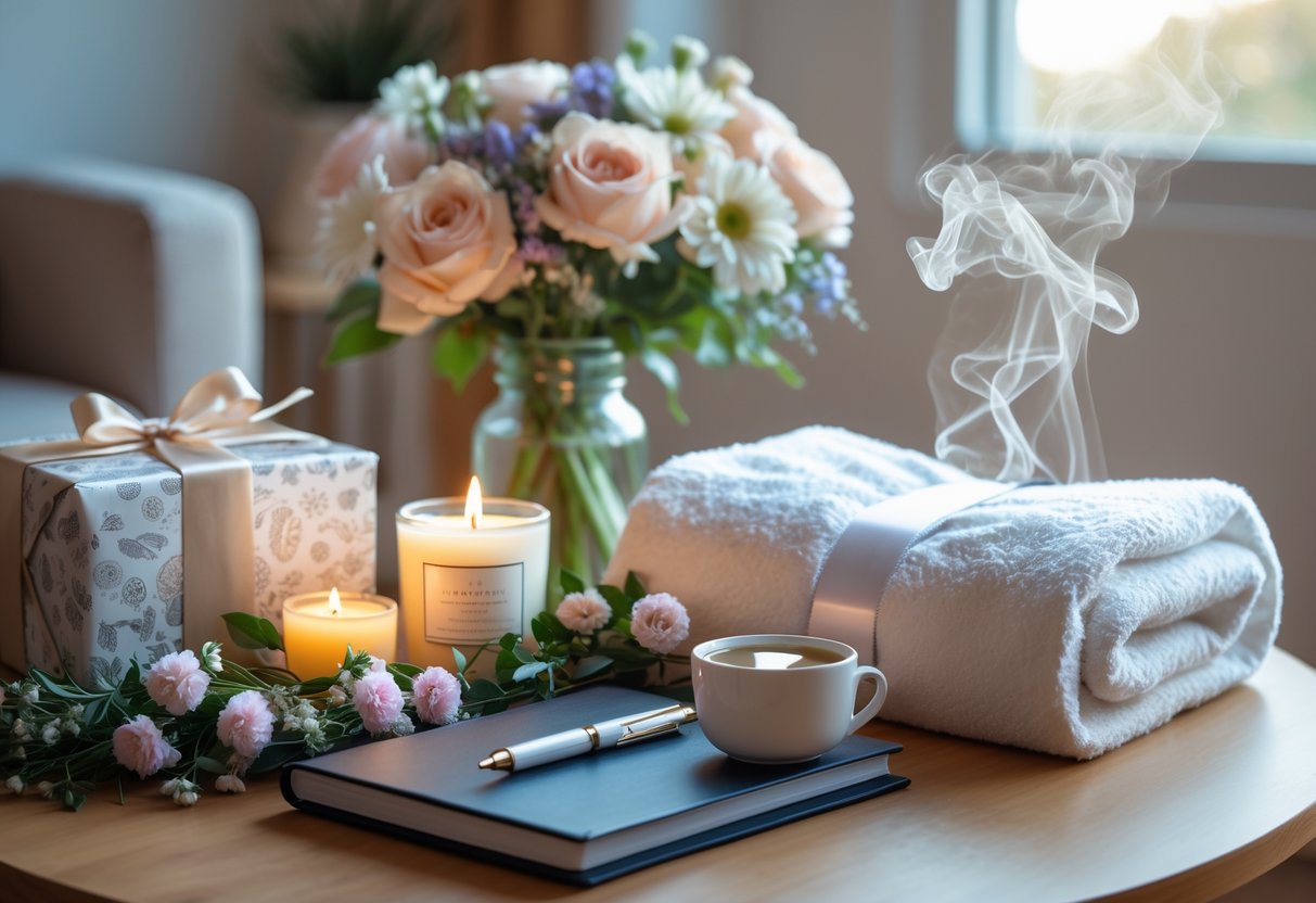 A cozy arrangement of wellness and relaxation gifts including candles, a bathrobe, flowers, a journal, and a cup of tea on a wooden table in a softly lit room.