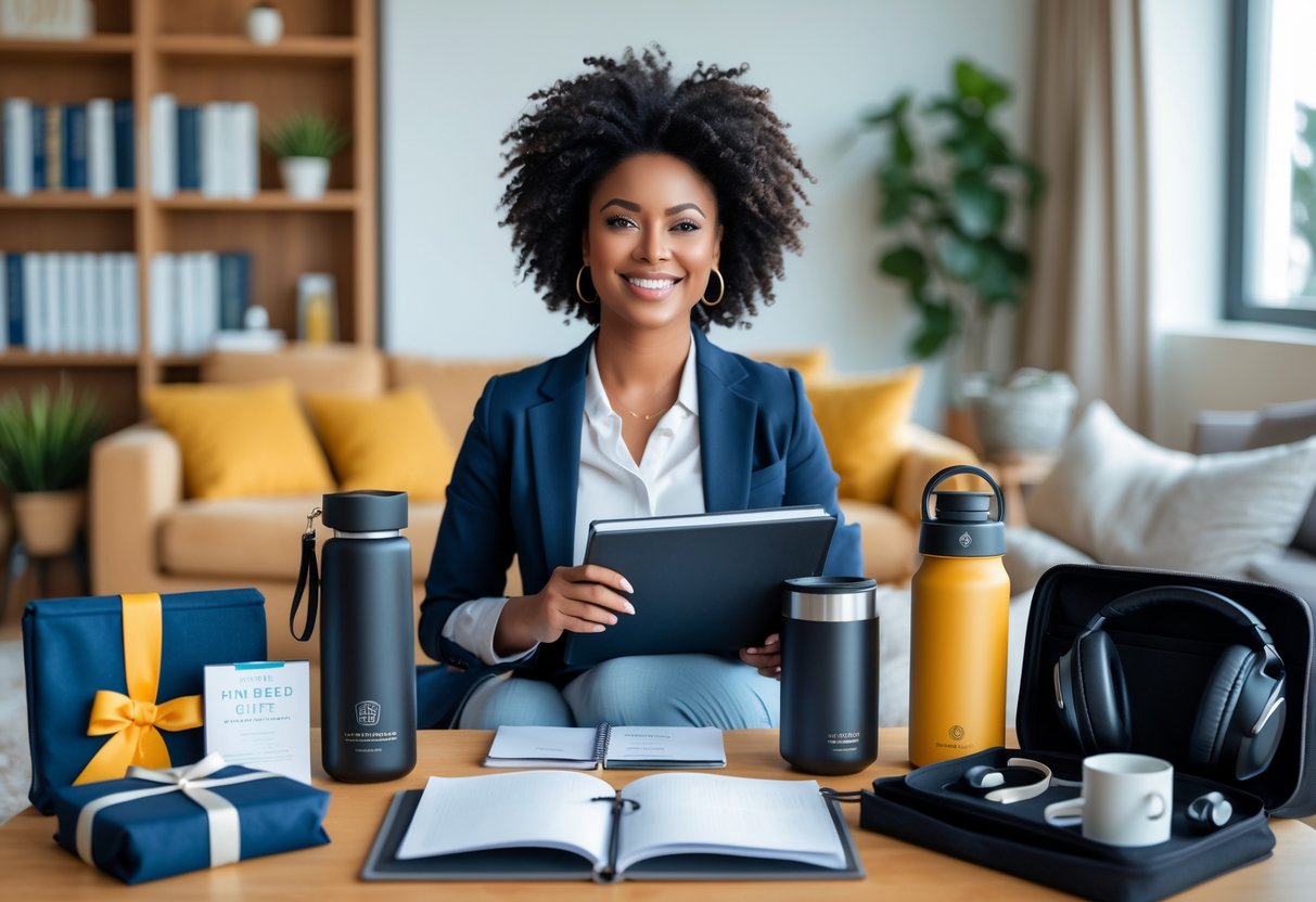 A young woman smiling and holding a planner, surrounded by practical gifts like a water bottle, headphones, and a laptop bag in a bright living room.