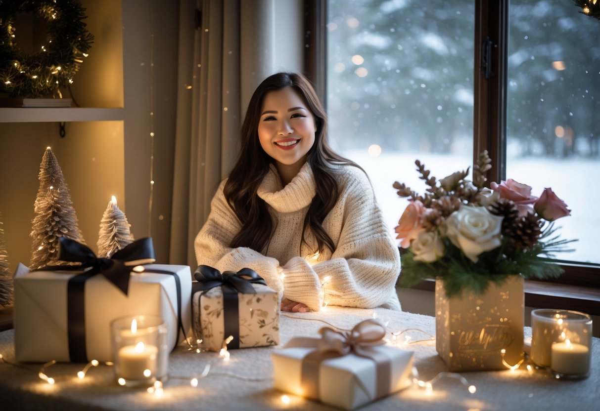 A young woman in a winter sweater smiling at a table with wrapped gifts and winter decorations, with snow falling outside the window.
