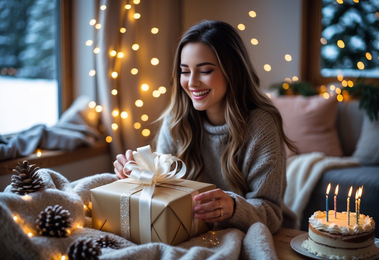 A young woman happily opening a gift during her winter birthday celebration indoors with festive decorations and a birthday cake nearby.