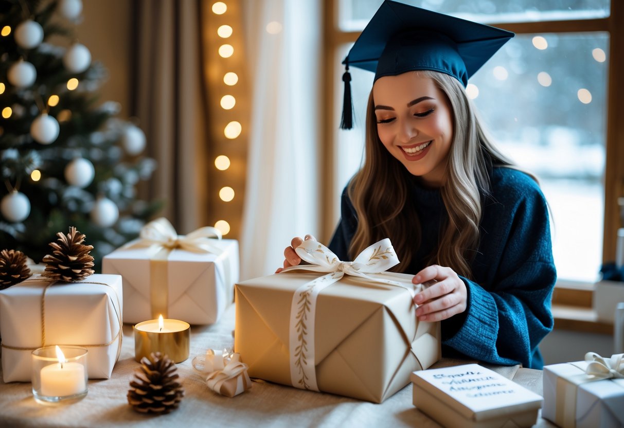 A young woman happily opening a personalized gift in a cozy room decorated for winter, with other unique birthday gifts and soft snowfall visible outside.