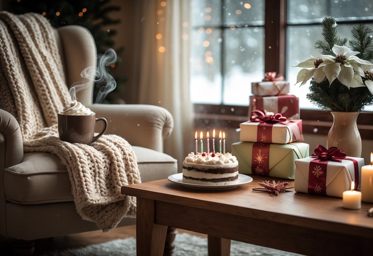 A cozy living room with a woman’s birthday setup including wrapped gifts, a birthday cake, hot cocoa, and winter decorations with snow visible outside the window.