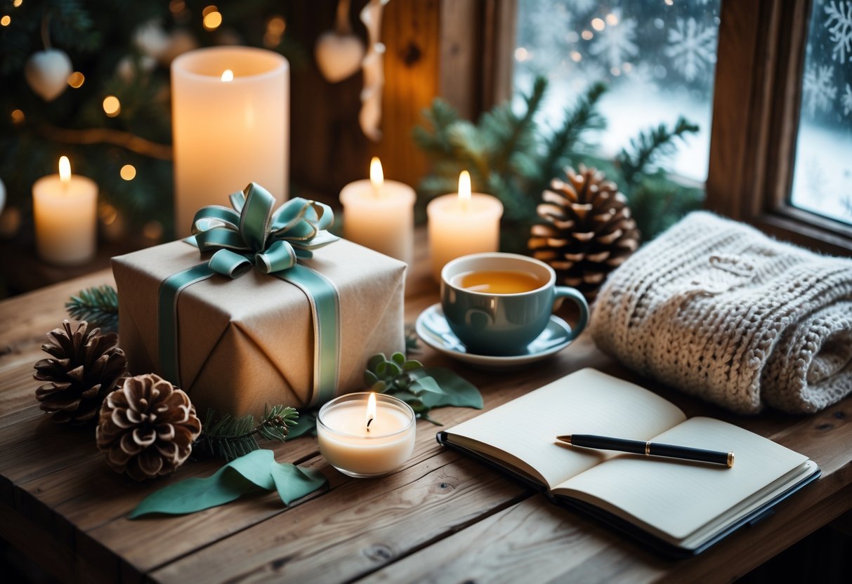 A cozy winter scene with wrapped gifts, candles, tea, a journal, and flowers arranged on a wooden table for a woman's birthday celebration after grad school.