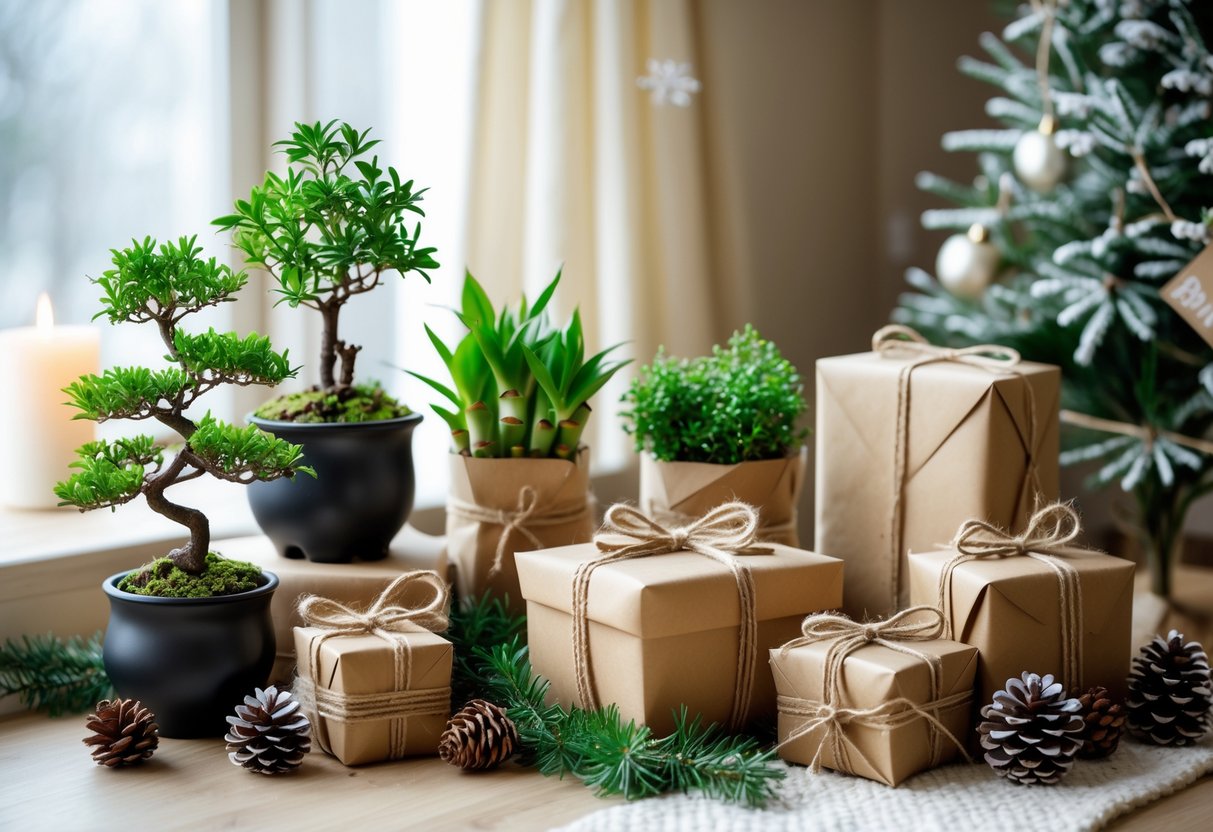 A collection of potted plants and wrapped gifts arranged indoors with winter decorations like pine cones and evergreen branches.