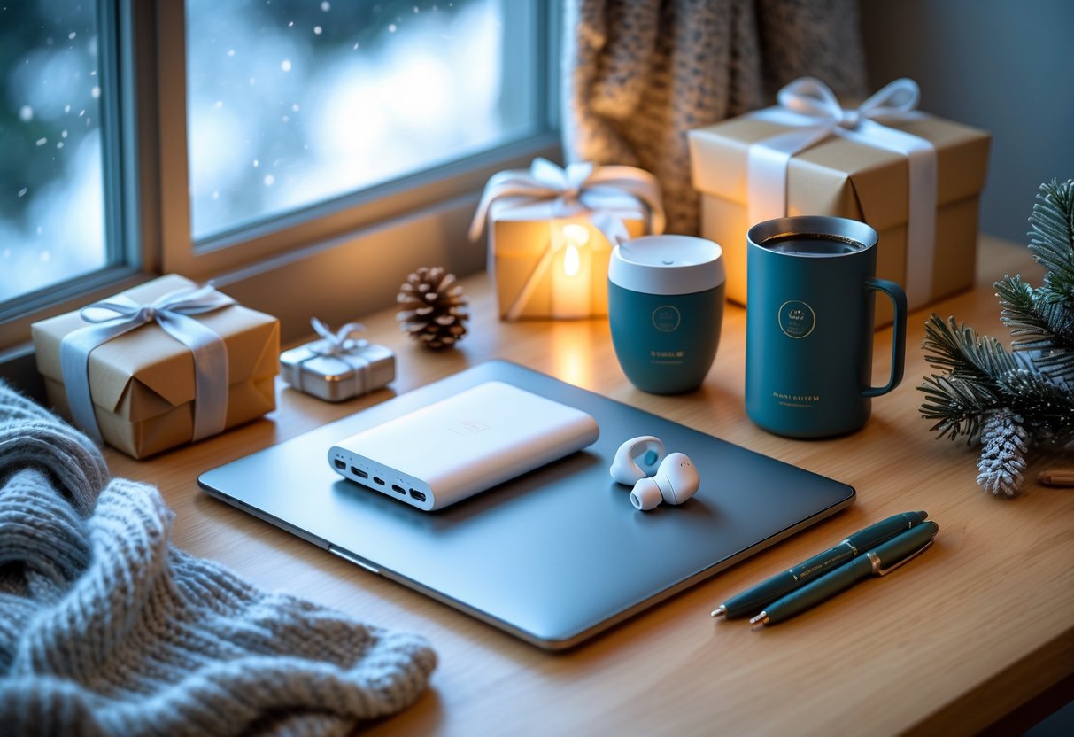 A neatly arranged desk with tech gadgets, a planner, a travel mug, and a wrapped gift, set against a window showing falling snow.