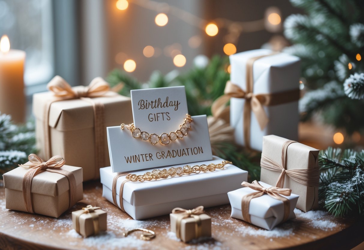 A cozy indoor scene with unique birthday gifts arranged on a wooden table decorated with winter-themed elements like pine branches and fairy lights.