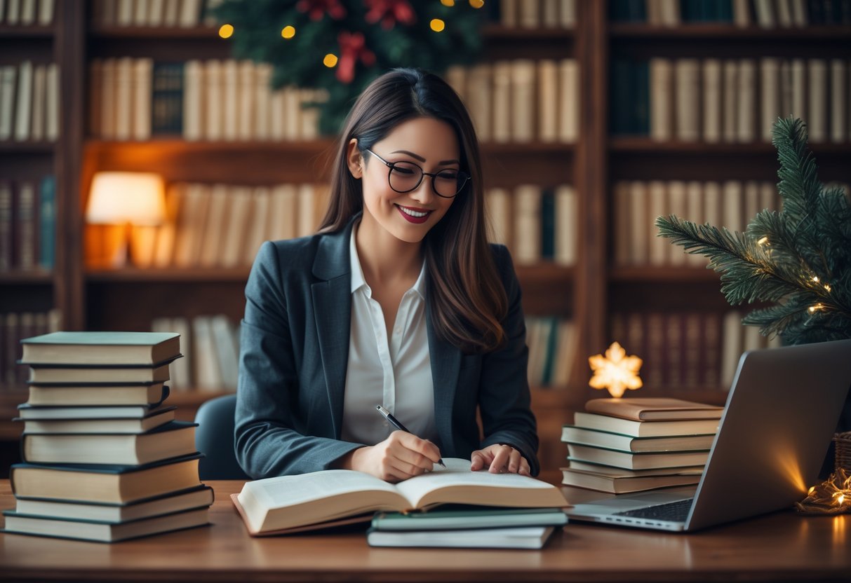 A smiling woman wearing glasses sits at a desk in a cozy study surrounded by books and holiday decorations, writing in a journal.