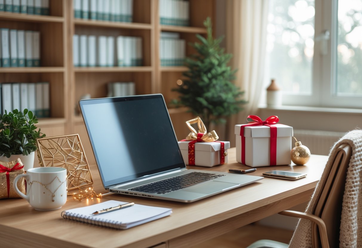 A modern home office desk with a laptop, notebook, pen, potted plant, coffee mug, cozy throw, and wrapped Christmas gifts, with bookshelves in the background.