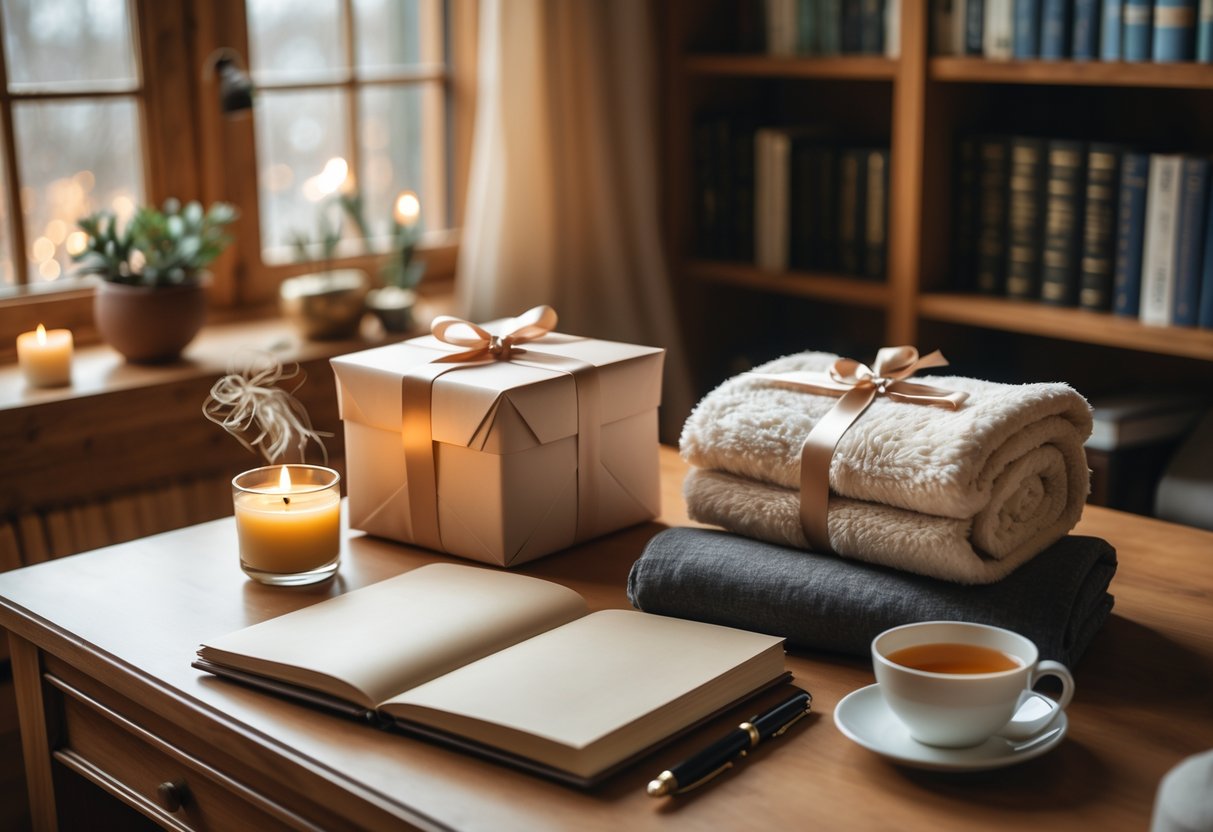 A cozy study desk with self-care gifts including a wrapped present, a blanket, a journal, a candle, a cup of tea, and reading glasses, with bookshelves in the background.