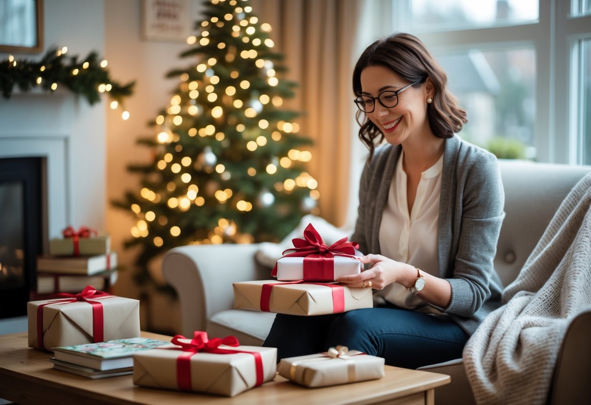 A woman unwraps a Christmas gift in a cozy living room decorated for the holidays, with books and a cup of tea nearby.