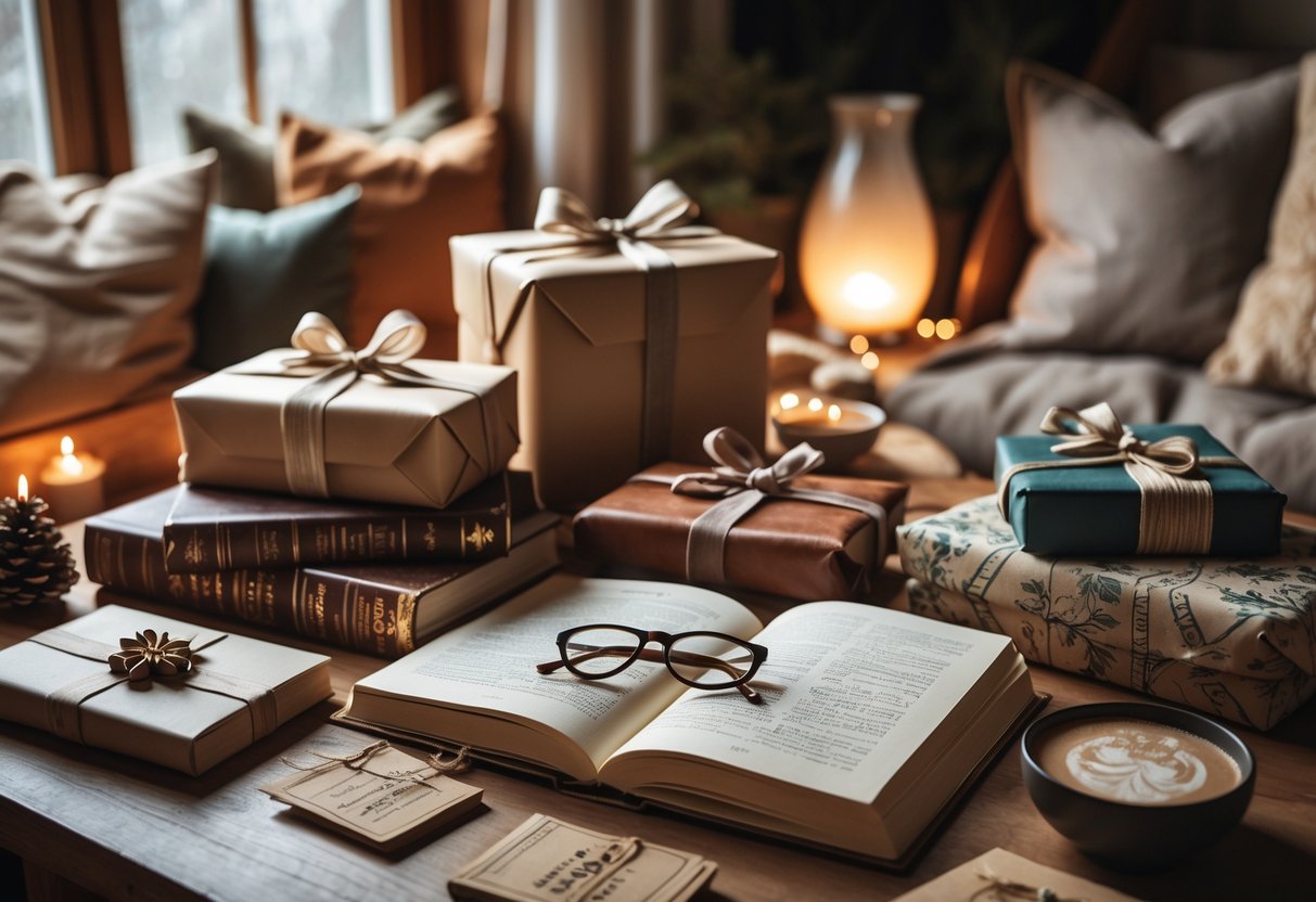 A cozy scene with wrapped gifts, vintage books, reading glasses, a journal, and bookmarks on a wooden table near a reading nook with cushions and a cup of tea.