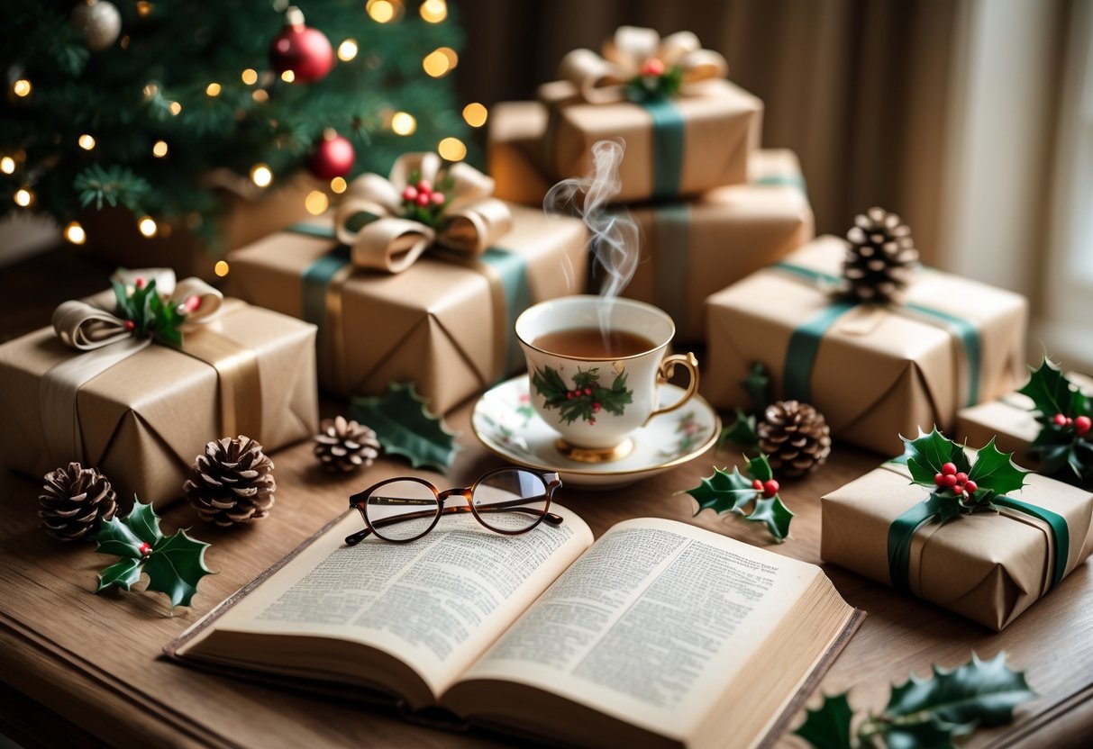 A cozy desk with an open book, reading glasses, a steaming teacup, and wrapped Christmas gifts surrounded by holiday decorations.