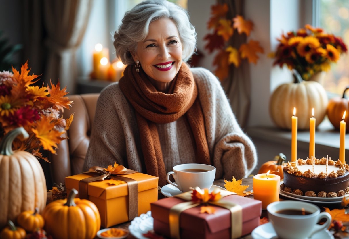 A smiling middle-aged woman celebrating her birthday indoors surrounded by autumn decorations and wrapped gifts on a decorated table.
