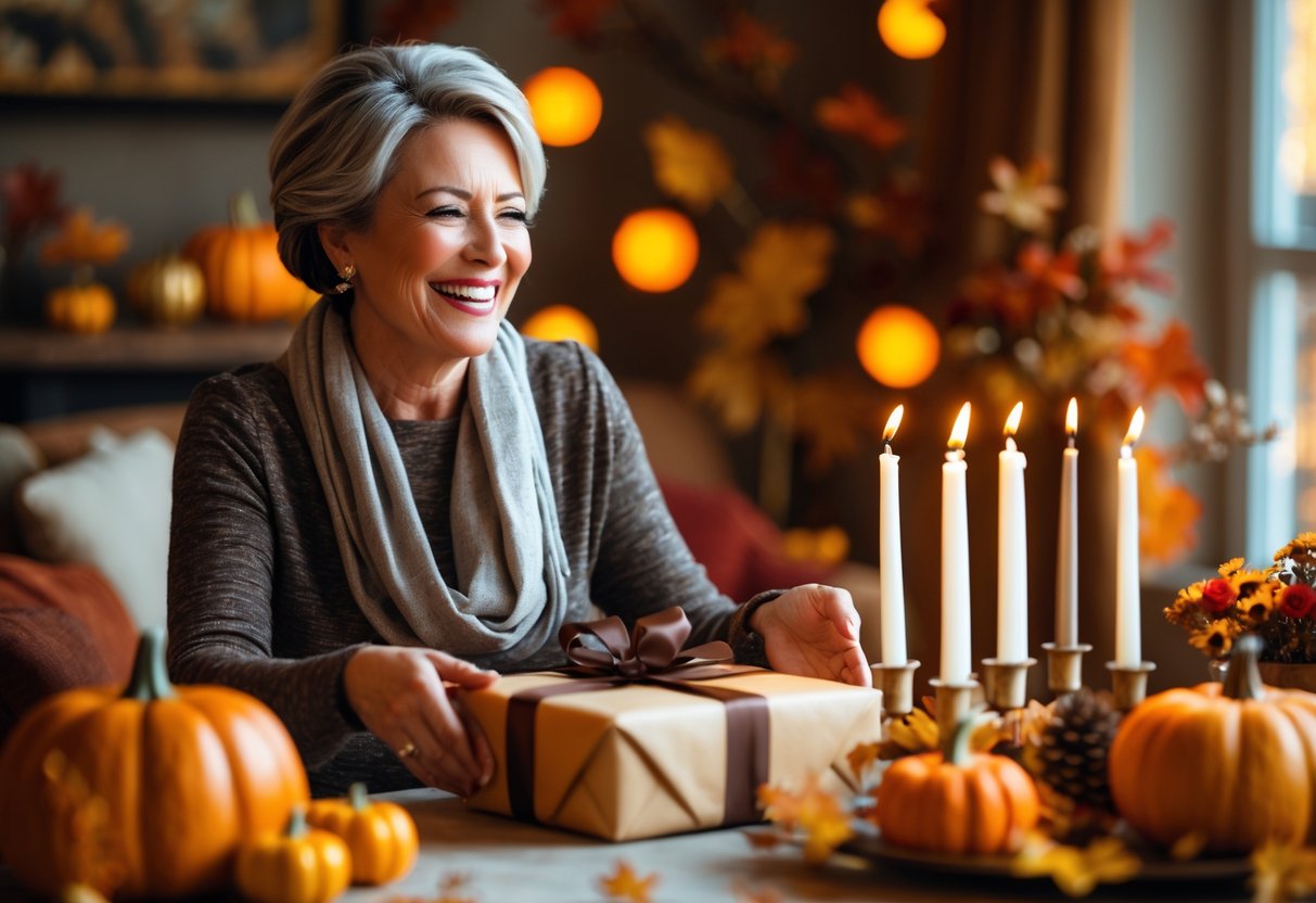 A mature woman happily receiving a wrapped birthday gift in a cozy room decorated with fall-themed decorations and a birthday cake on the table.