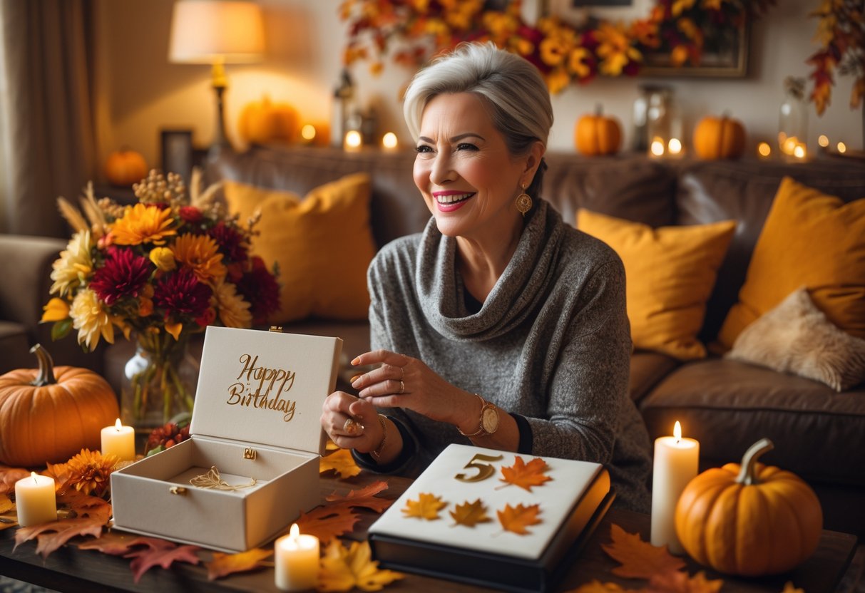 A joyful middle-aged woman surrounded by autumn decorations and unique birthday gifts in a cozy living room.