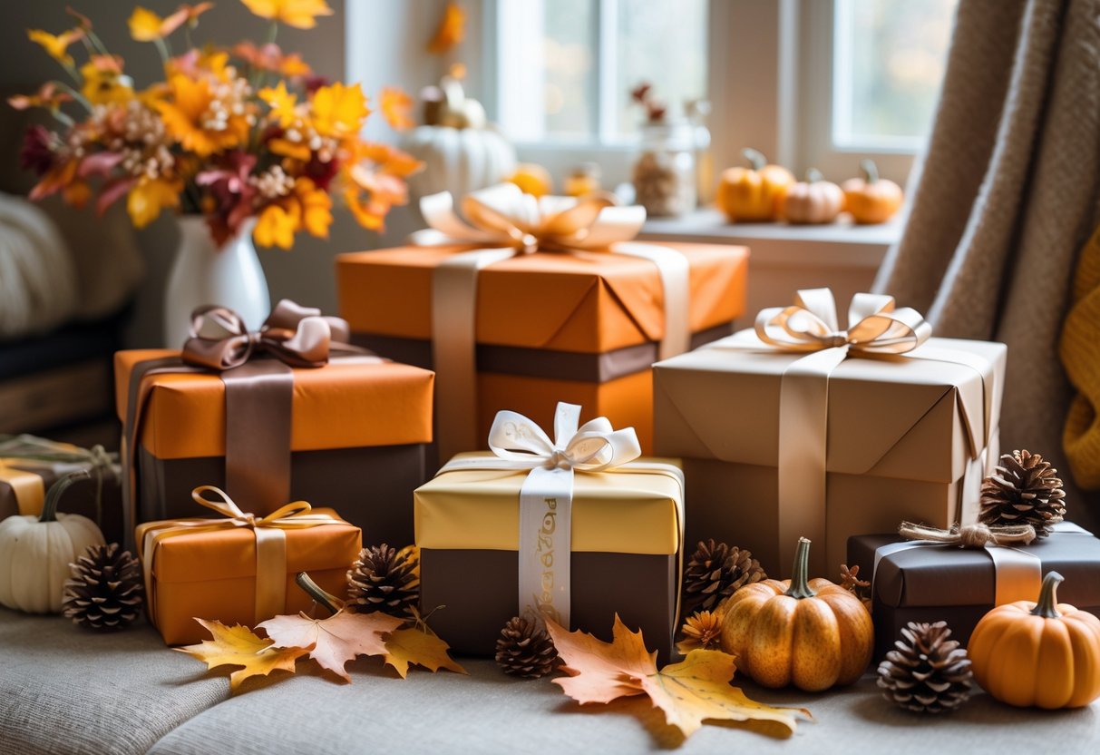 A cozy arrangement of wrapped birthday gifts surrounded by autumn leaves, small pumpkins, and fall decorations on a table near a window.