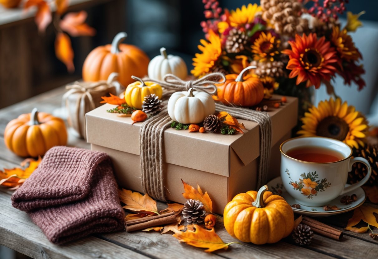 A fall-themed birthday gift box on a wooden table surrounded by pumpkins, dried leaves, pinecones, a scarf, a candle, flowers, and a mug of tea.