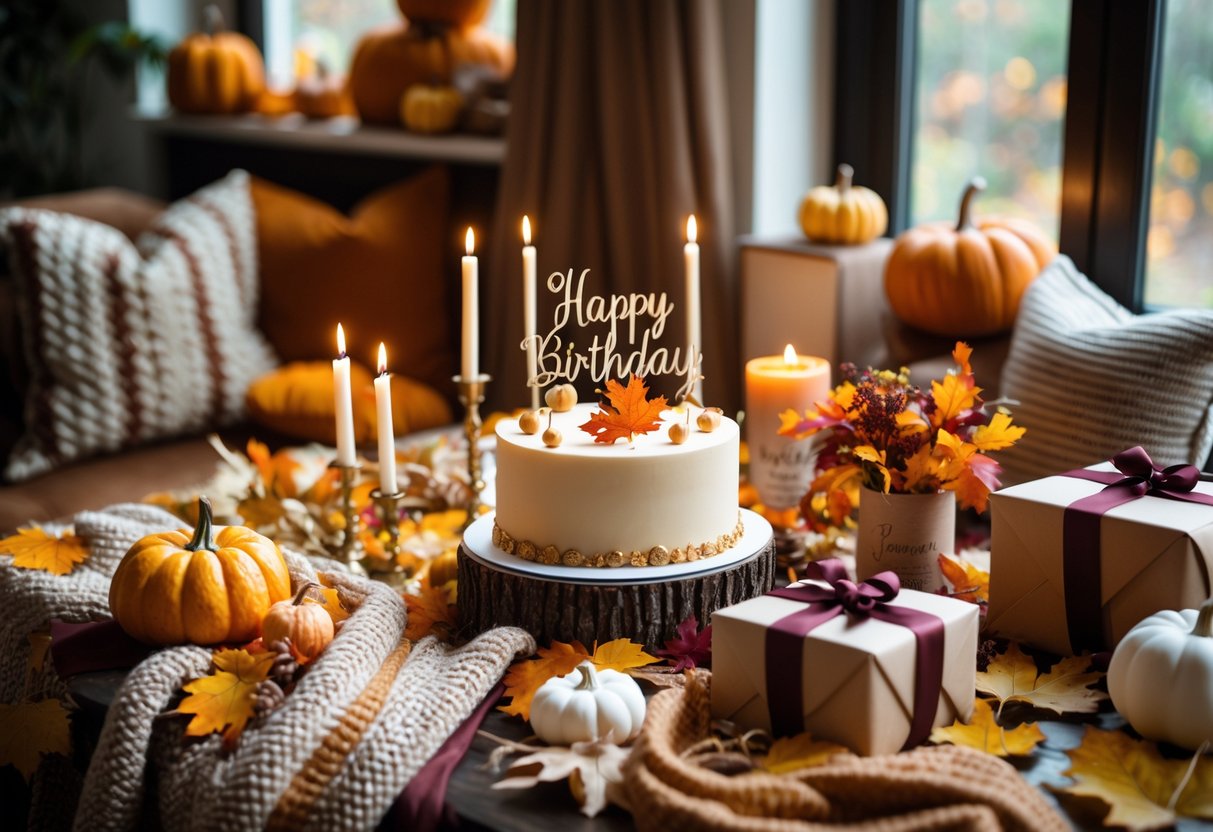 A cozy indoor scene with autumn decorations, a birthday cake, and wrapped gifts celebrating a woman's milestone birthday.