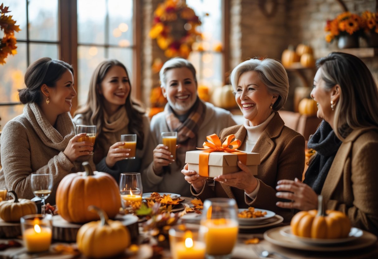 A mature woman celebrating her birthday with friends and family in a cozy room decorated with autumn leaves and pumpkins.