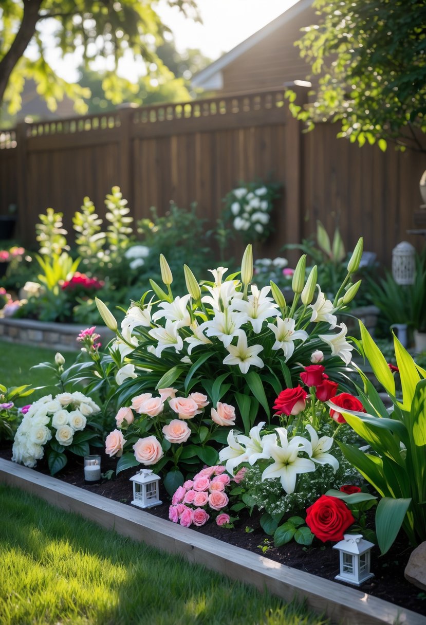 A backyard garden with a flower bed of blooming lilies and roses surrounded by green plants and soft sunlight.