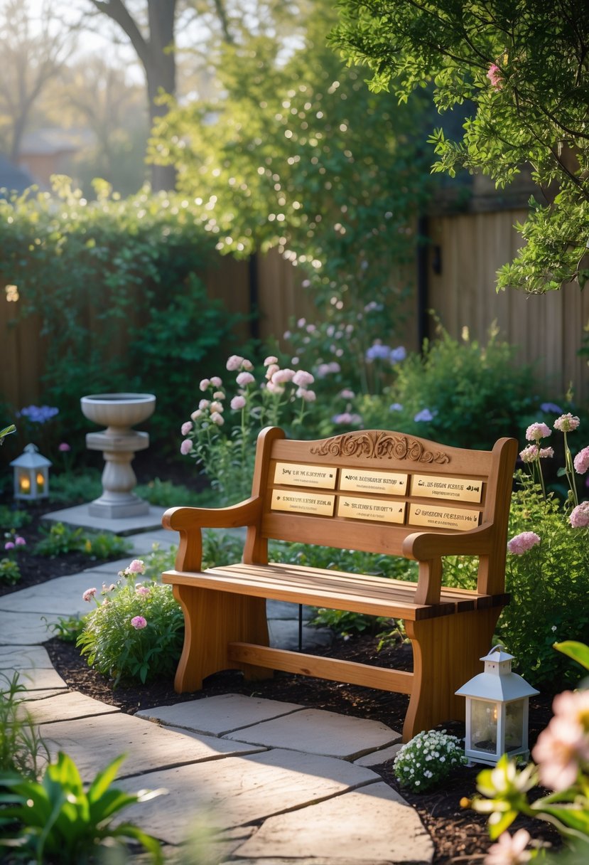 A wooden bench with engraved nameplates in a peaceful backyard garden surrounded by flowers and greenery.