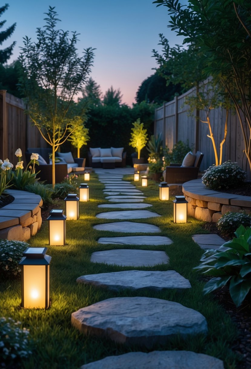 A stone pathway lined with glowing solar lanterns winding through a peaceful backyard memorial garden at dusk.