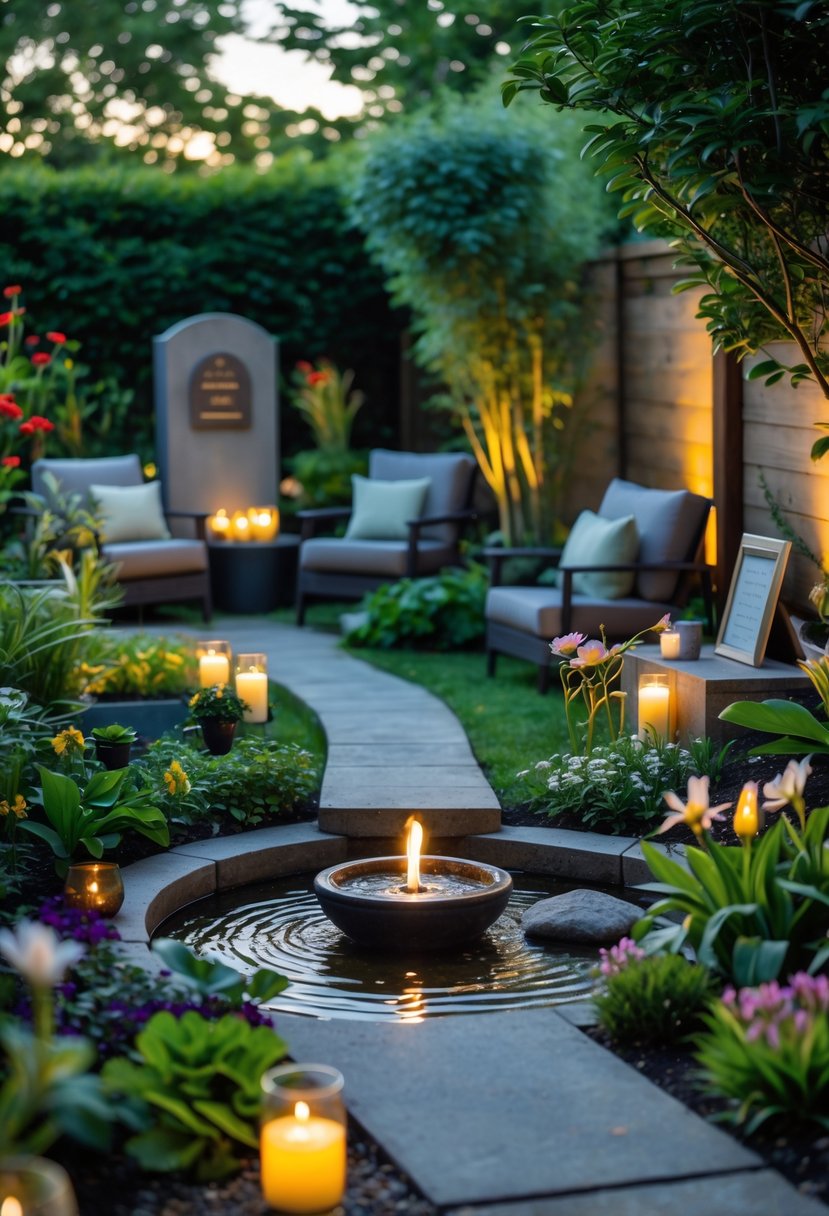 A cozy backyard memorial garden with a small birdbath or fountain surrounded by plants, flowers, and seating areas.