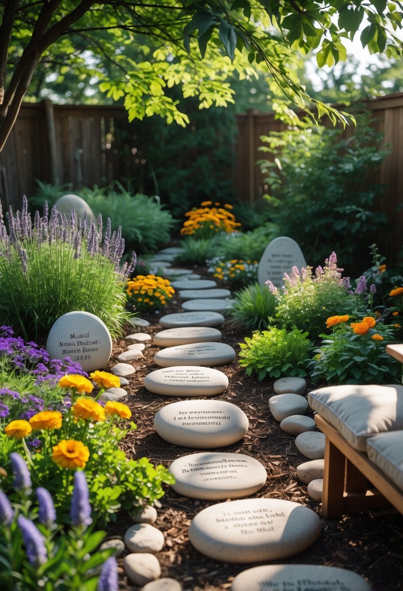 A peaceful backyard garden with personalized stones surrounded by colorful flowers, greenery, and a wooden bench.