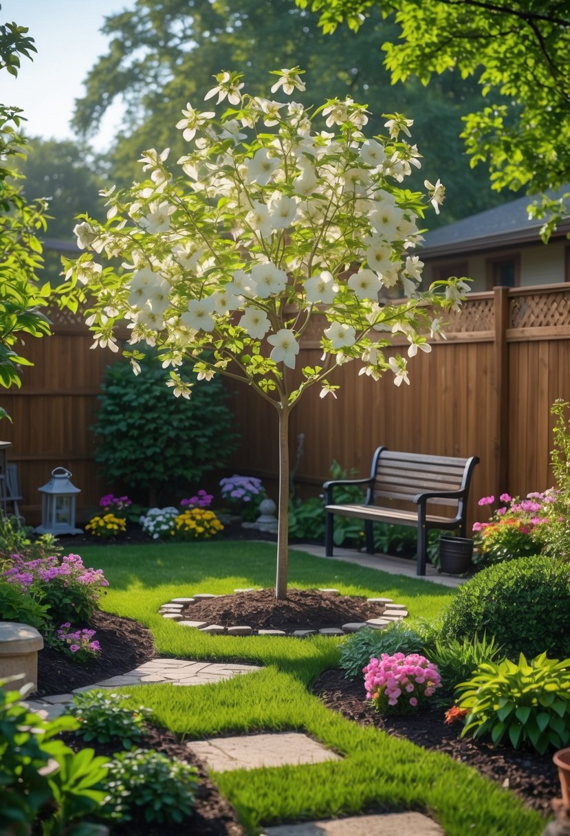 A backyard garden with a flowering dogwood tree, a stone pathway, a wooden bench, and colorful flowers surrounding the tree.