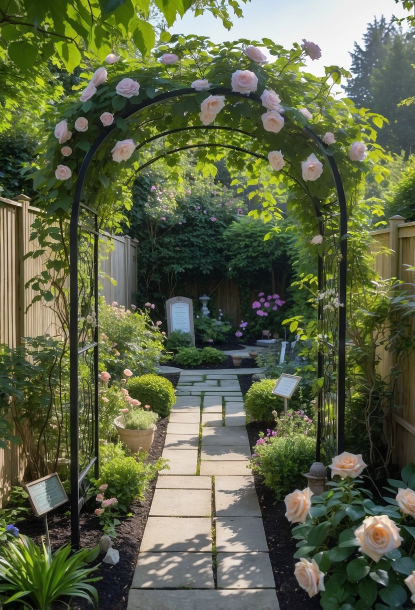 A backyard garden with a wrought-iron arbor covered in climbing clematis and roses, surrounded by plants and a stone pathway.