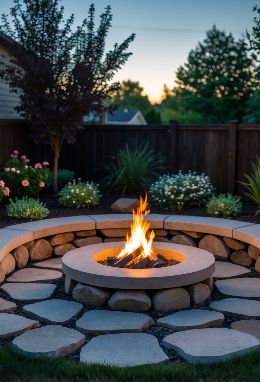 A backyard garden with a fire pit surrounded by natural stone seating, plants, and grass.
