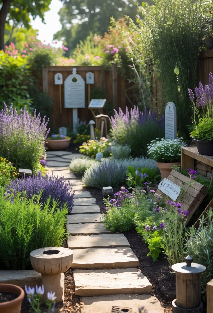 A peaceful backyard memorial garden with lavender, rosemary, stone pathways, wooden benches, and flowering plants under soft sunlight.
