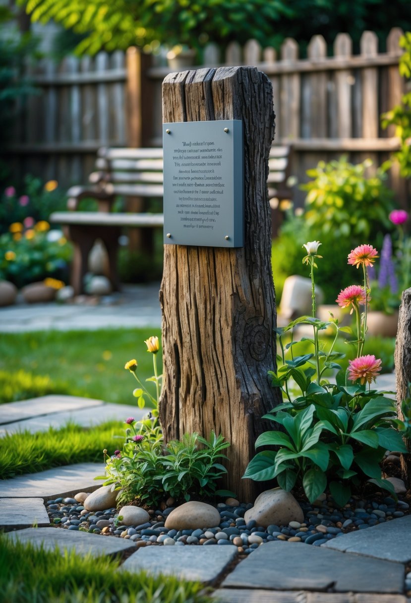 A weather-resistant memorial plaque mounted on a rustic wooden post surrounded by a cozy backyard garden with flowers and greenery.