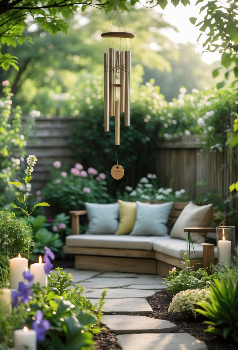 A peaceful backyard garden with seating, wind chimes, flowers, and memorial elements surrounded by greenery.