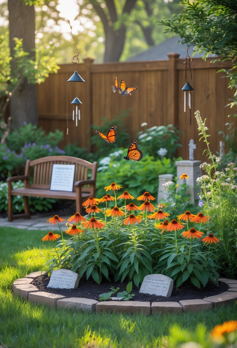 A backyard garden with milkweed and coneflowers attracting butterflies, surrounded by small memorial elements and greenery.
