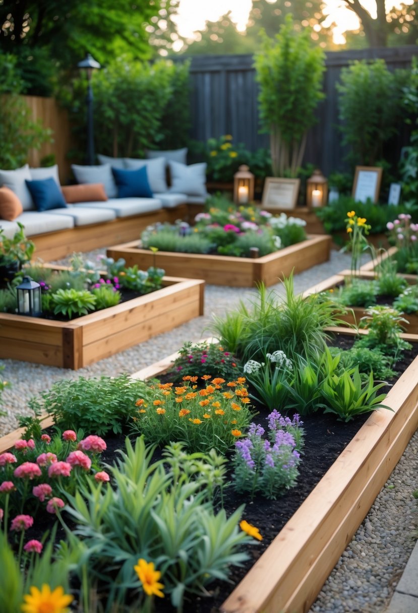 A backyard memorial garden with wooden raised garden beds filled with flowers and plants, stone pathways, and seating areas surrounded by greenery.