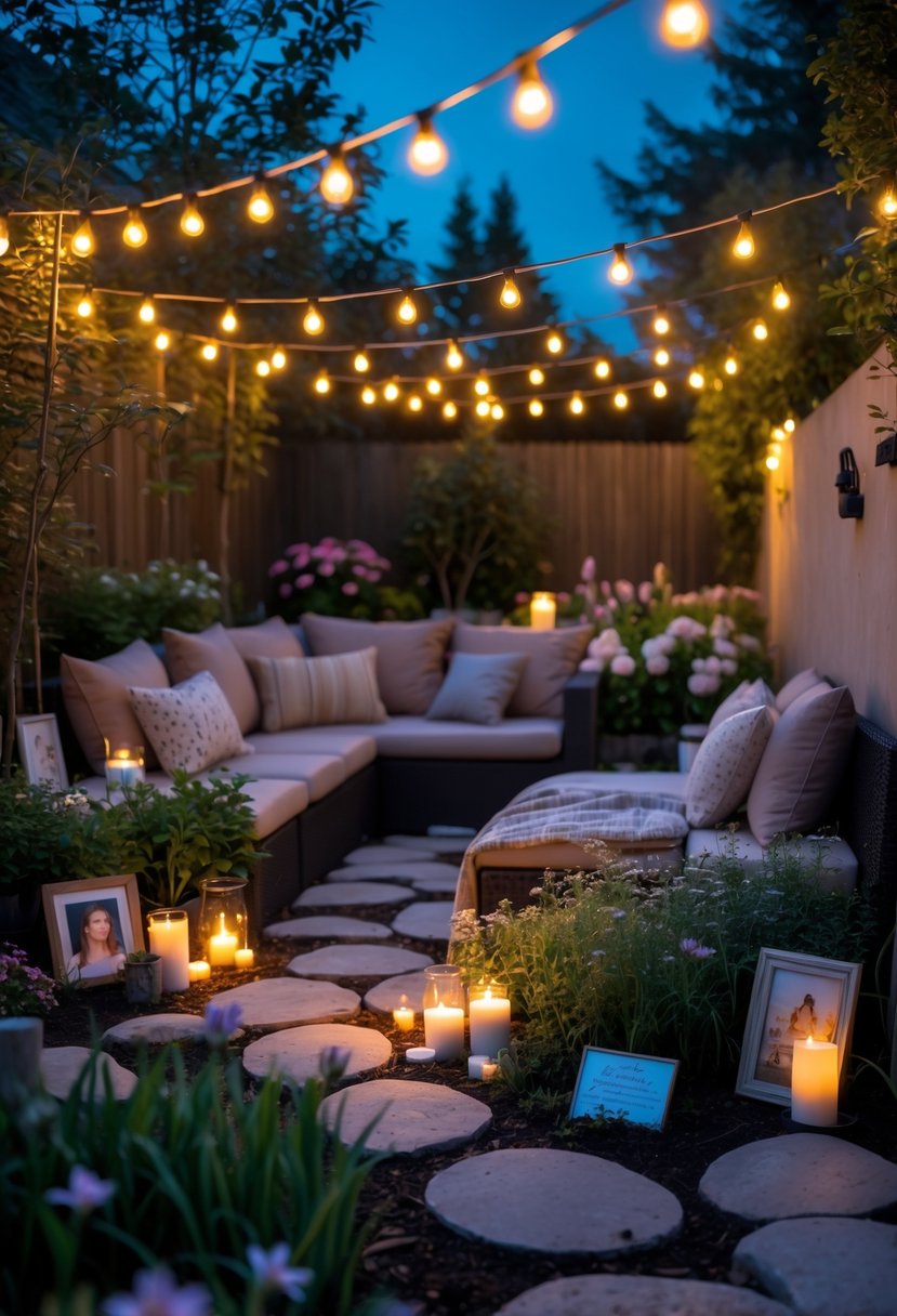 A backyard garden at dusk with string lights overhead, comfortable seating, flowers, and memorial decorations.