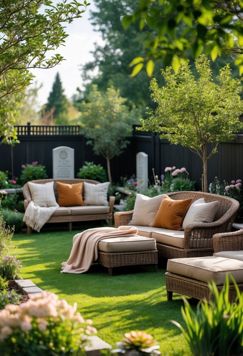 A peaceful backyard garden with seating areas featuring cushions and blankets surrounded by plants and flowers.