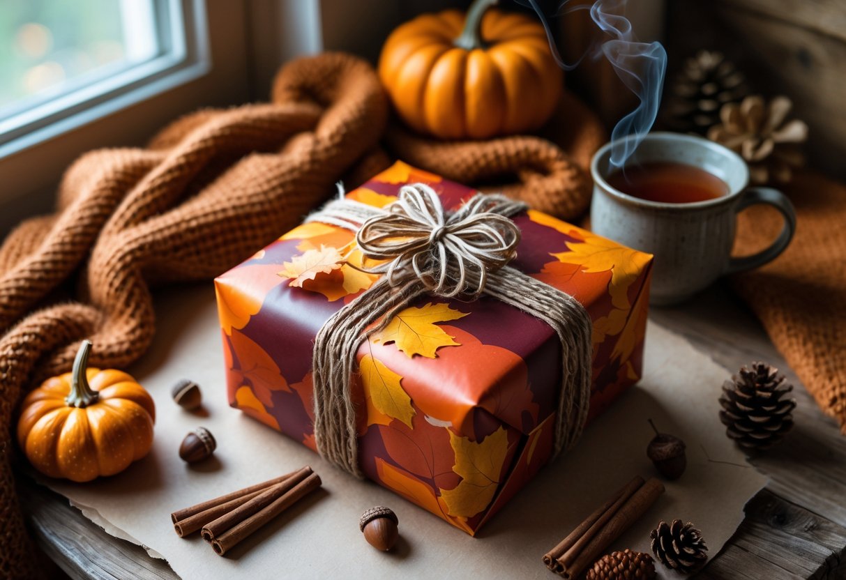A wrapped birthday gift with autumn decorations on a wooden table surrounded by cozy blankets, a cup of tea, pumpkins, and pinecones.