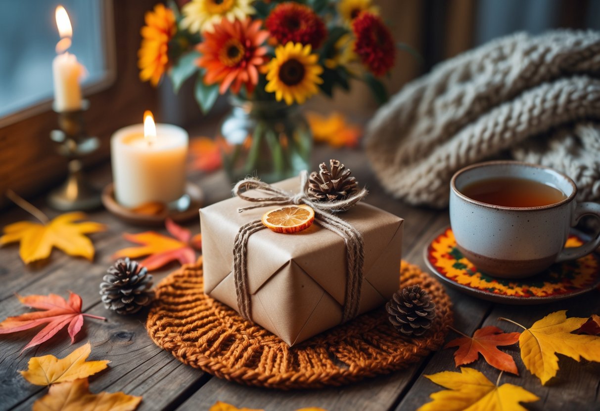 A cozy birthday gift scene with a wrapped present on a wooden table surrounded by autumn leaves, a cup of tea, a candle, and fall flowers in the background.