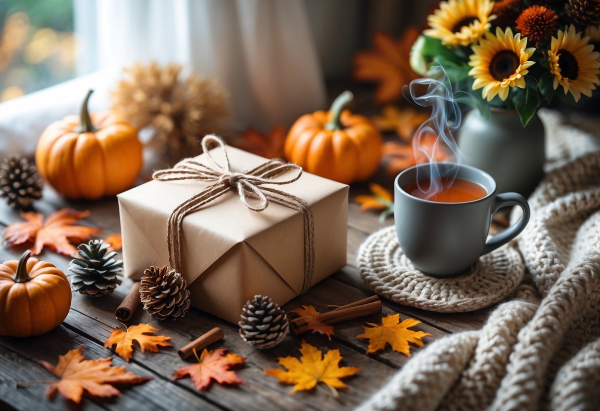 A cozy birthday gift setup on a wooden table with autumn leaves, a wrapped present, small pumpkins, a steaming mug, and fall flowers.