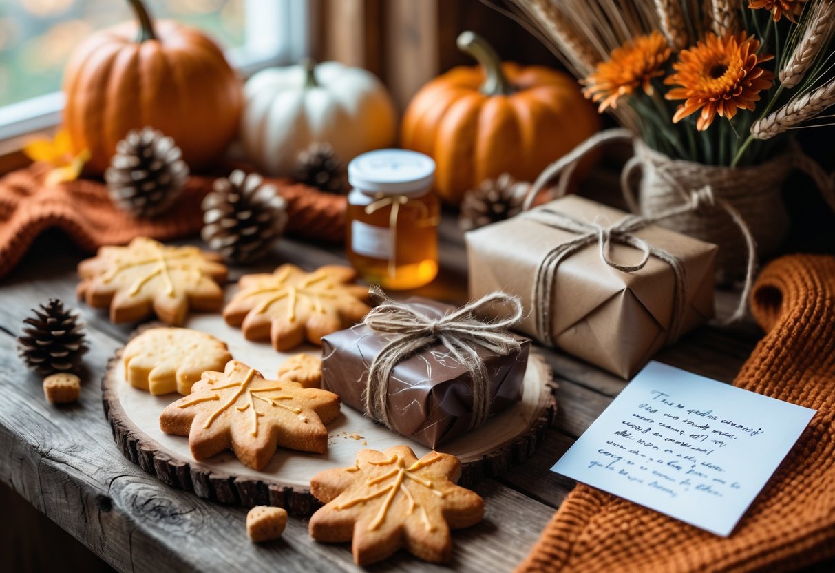 A cozy autumn-themed birthday gift arrangement with homemade cookies, chocolates, honey jar, seasonal flowers, and fall decorations on a wooden table.