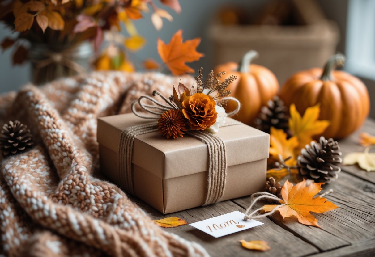 A cozy fall-themed birthday gift arrangement with a wrapped present, autumn leaves, pinecones, and small pumpkins on a wooden table.