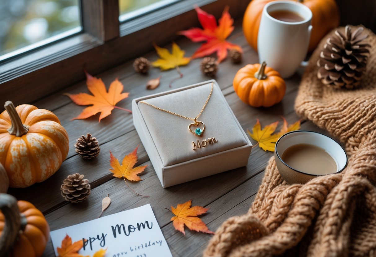 A personalized necklace displayed with fall leaves, small pumpkins, and a cup of tea on a wooden table, creating a cozy birthday gift scene for mom.