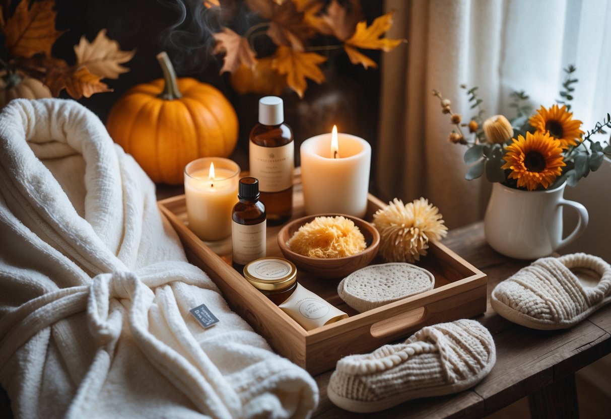 A cozy home spa setup with autumn decorations, spa products, a cup of tea, and soft blankets creating a relaxing atmosphere.