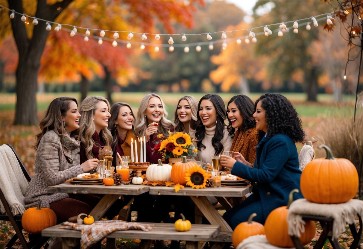A group of women celebrating a fall birthday outdoors with autumn decorations, colorful leaves, and a decorated table.