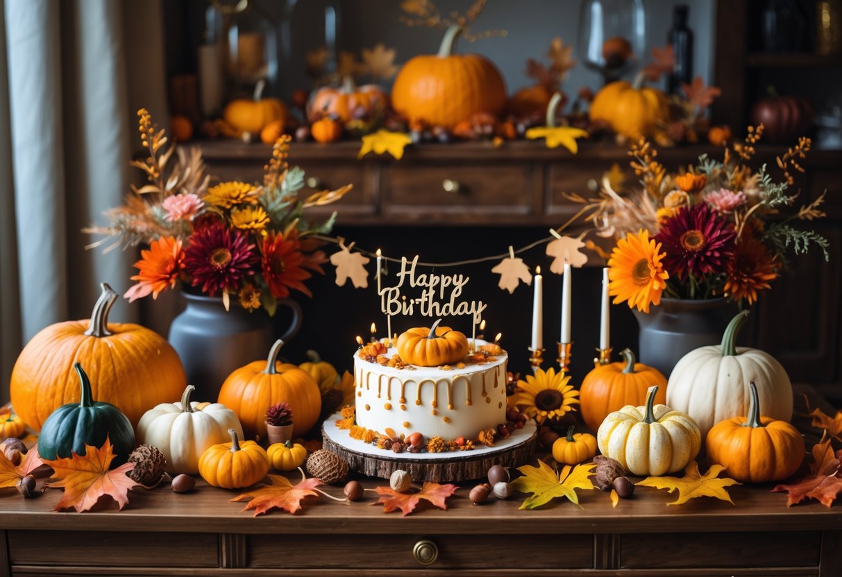 A cozy indoor fall birthday setup with pumpkins, flowers, a decorated cake, and autumn decorations on a wooden table.