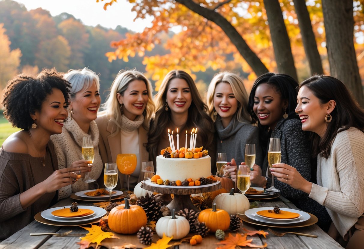 A group of women celebrating a birthday outdoors in a colorful fall setting with autumn decorations and a birthday cake on a wooden table.