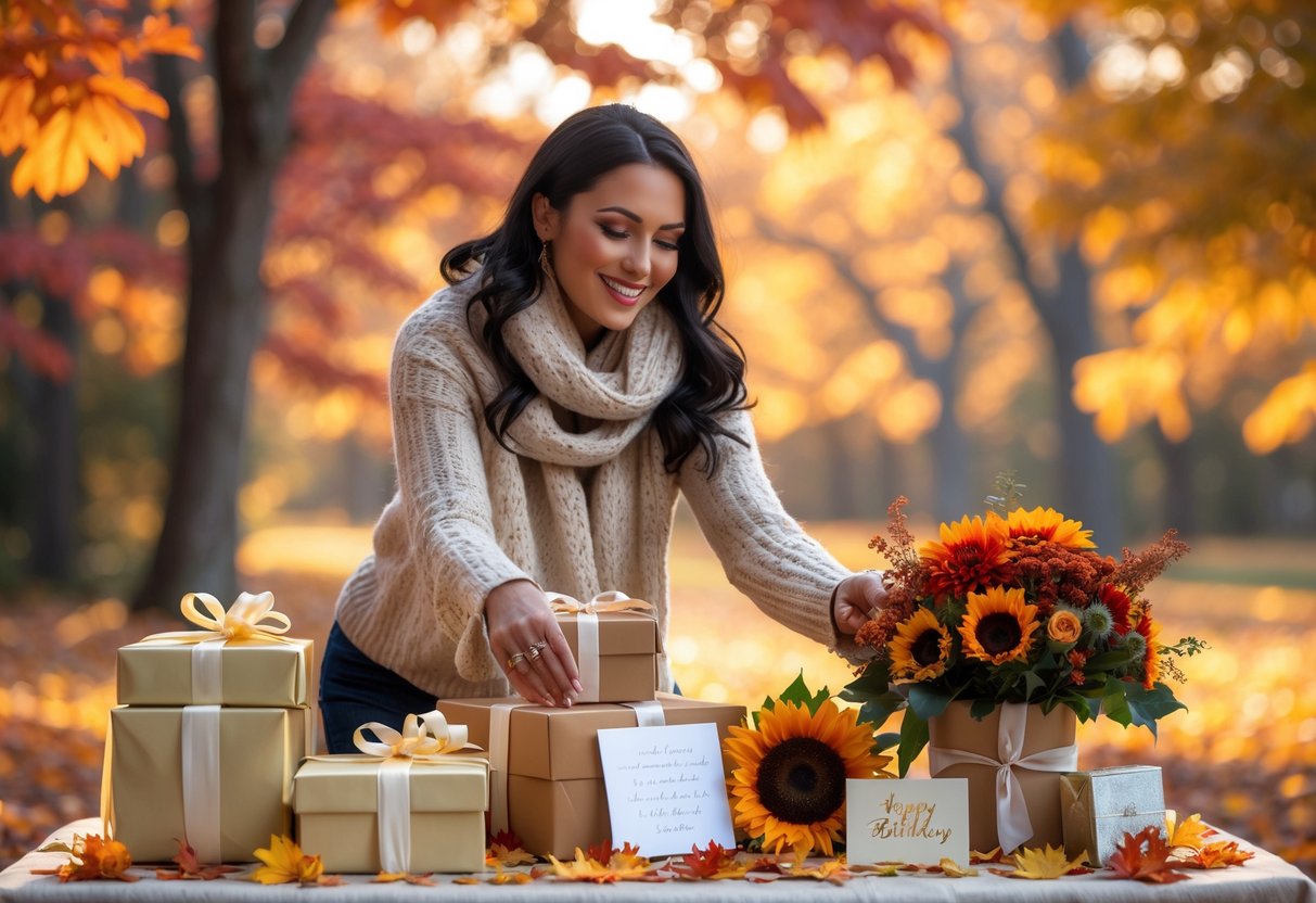 A woman in fall clothing reaching for a wrapped gift on a table decorated with autumn leaves, flowers, and presents outdoors.